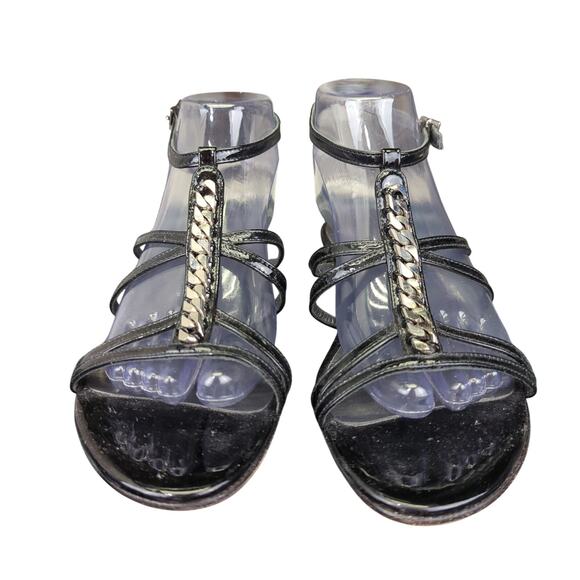 Stuart Weitzman Gladiator Strap Sandals Black Leather Silver Chain Women's 8 - Picture 3 of 7